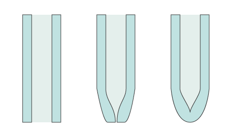 Stages of heat sealing: unsealed (left); potentially mistaken for sealed (centre); fully sealed (right).